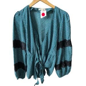 Promesa Teal Printed Wrap Blouse w/ Black Lace Sleeve Detail Size Small